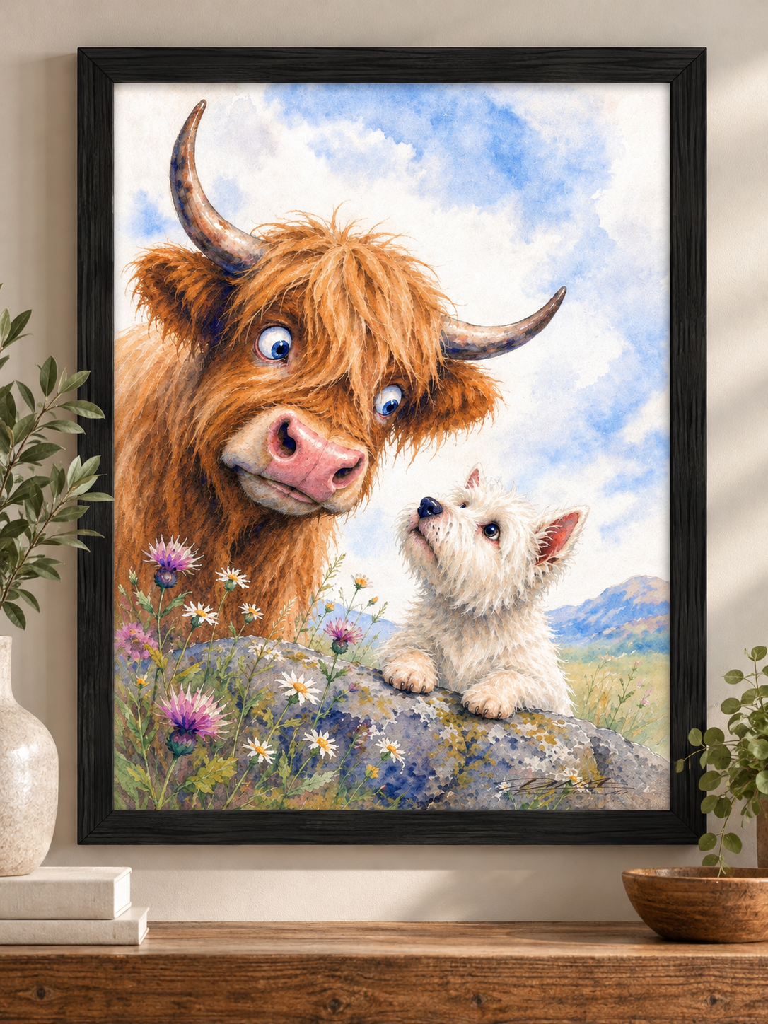 Coo and Westie | Highland Cow & West Highland Terrier Wall Art