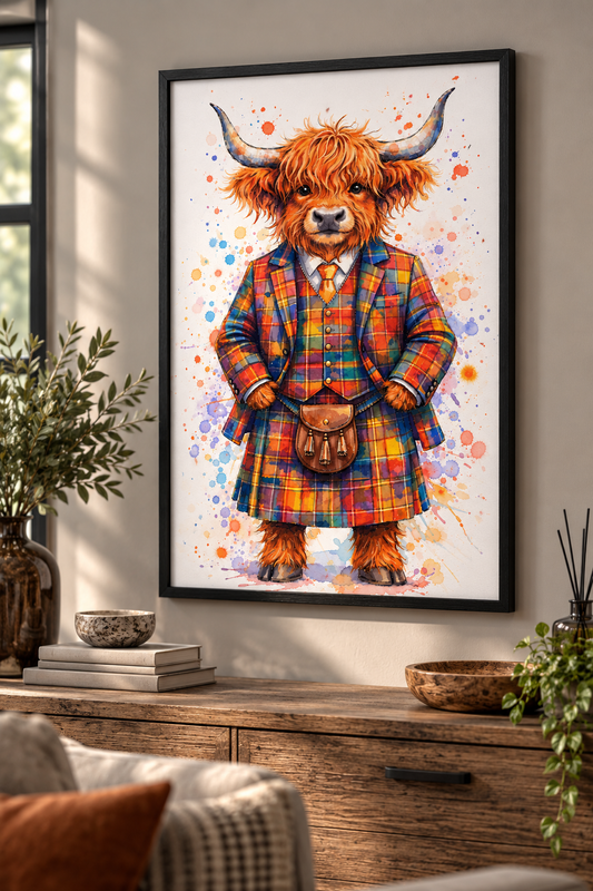 Ralph the Highland Cow in a Tartan Jacket Art print