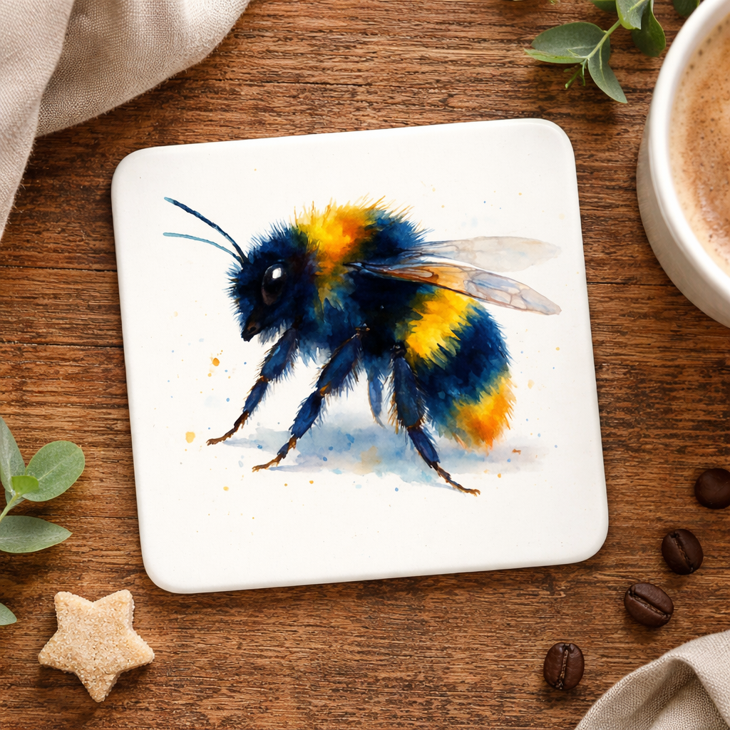 Set of 4 Bumblebee Ceramic Coasters – Scottish Watercolour Bee Art | Designed in Scotland by Eiledon