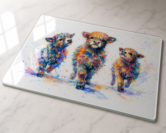 Wild in Colour – The Colourful Herd Glass Chopping Board | Highland Cow Kitchen Board 39 x 28.5cm