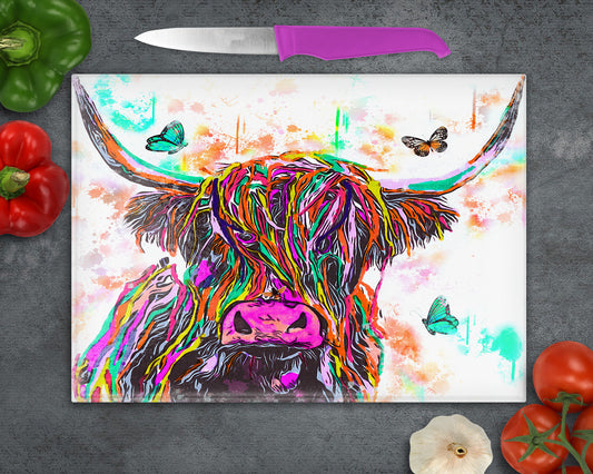 Highland Cow Glass Chopping Board, Worktop Saver, Colourful Coo's, Scotland, Scottish Gift, Highland Cow Gift