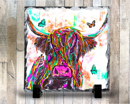 Brightly Coloured Highland Cow Rock Photo Slate, Decorative Slate, Pan Stand, Trivet, Worktop Saver, Scottish Gift, Made In Scotland