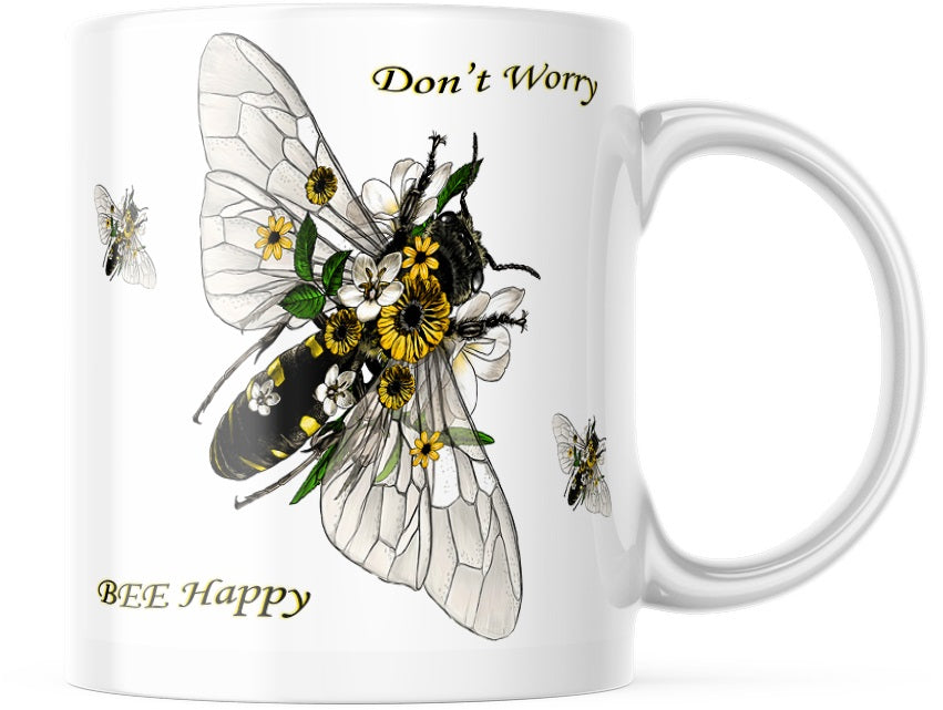 Don't Worry Bee Happy print, Bee Print, Bumble Bee decor, Sunflowers art, Wall Decor, Inspirational Quote, Nature print, Coffee/Tea Cup Ceramic Mug