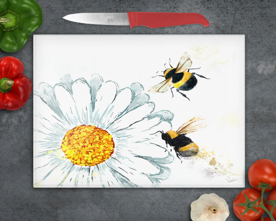Brightly Coloured Buzzy Bees Daisy Chopping Board, Worktop Saver, Pan Stand Trivet, Buzzy Bees Gift, Bee Lovers Gift, Made In Scotland