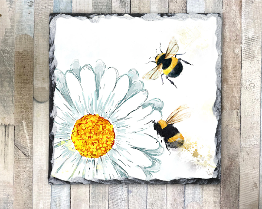 Brightly Coloured Buzzy Bees Daisy Rock Photo Slate, Decorative Slate, Pan Stand, Trivet, Buzzy Bees, Bee Lovers Gift, Worktop Saver