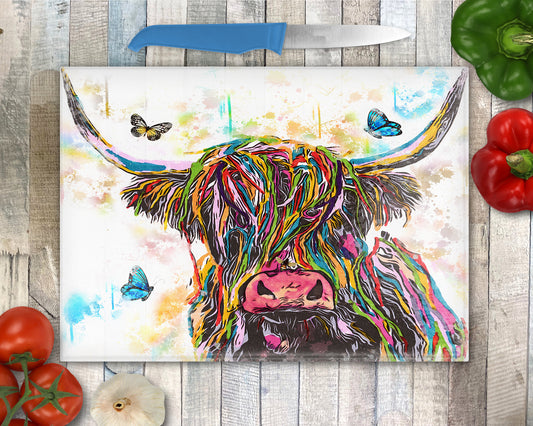 Highland Cow Butterflies  Glass Chopping Board, Worktop Saver, Colourful Coo's, Scotland, Scottish Gift, Highland Cow Gift