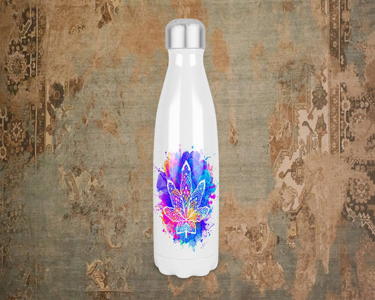 Brightly Coloured Cannabis Leaf 500ml Bowling Pin Shape Thermal Insulated Drinks Bottle, Cannabis  Gift, Hippy Vibes Bottle, Hippy Gift