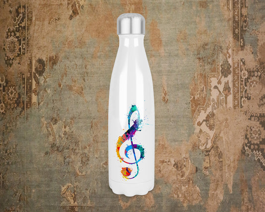 Brightly Coloured Treble Clef Note 500ml Thermal Insulated Water Bottle, Musical Note Bottle, Music Lovers, Music Lovers Gift