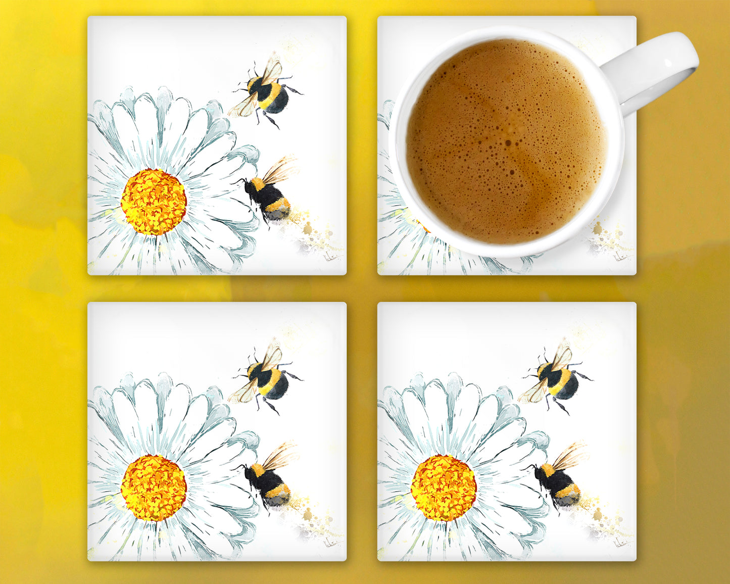 Daisies and Bees Glass  Coaster, Drinks Holder, Buzzy Bees Coaster, Scotland, Scottish Gift, Buzzy Bees Gift