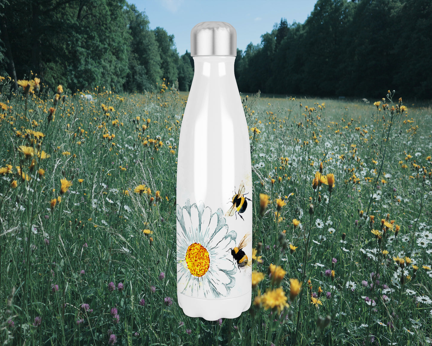 Daisies and Bees 500ml Bowling Pin Shape Thermal Insulated Drinks Bottle, Buzzy Bees, Made In Scotland, Buzzy Bees Gift, Buzzy Bee Lovers