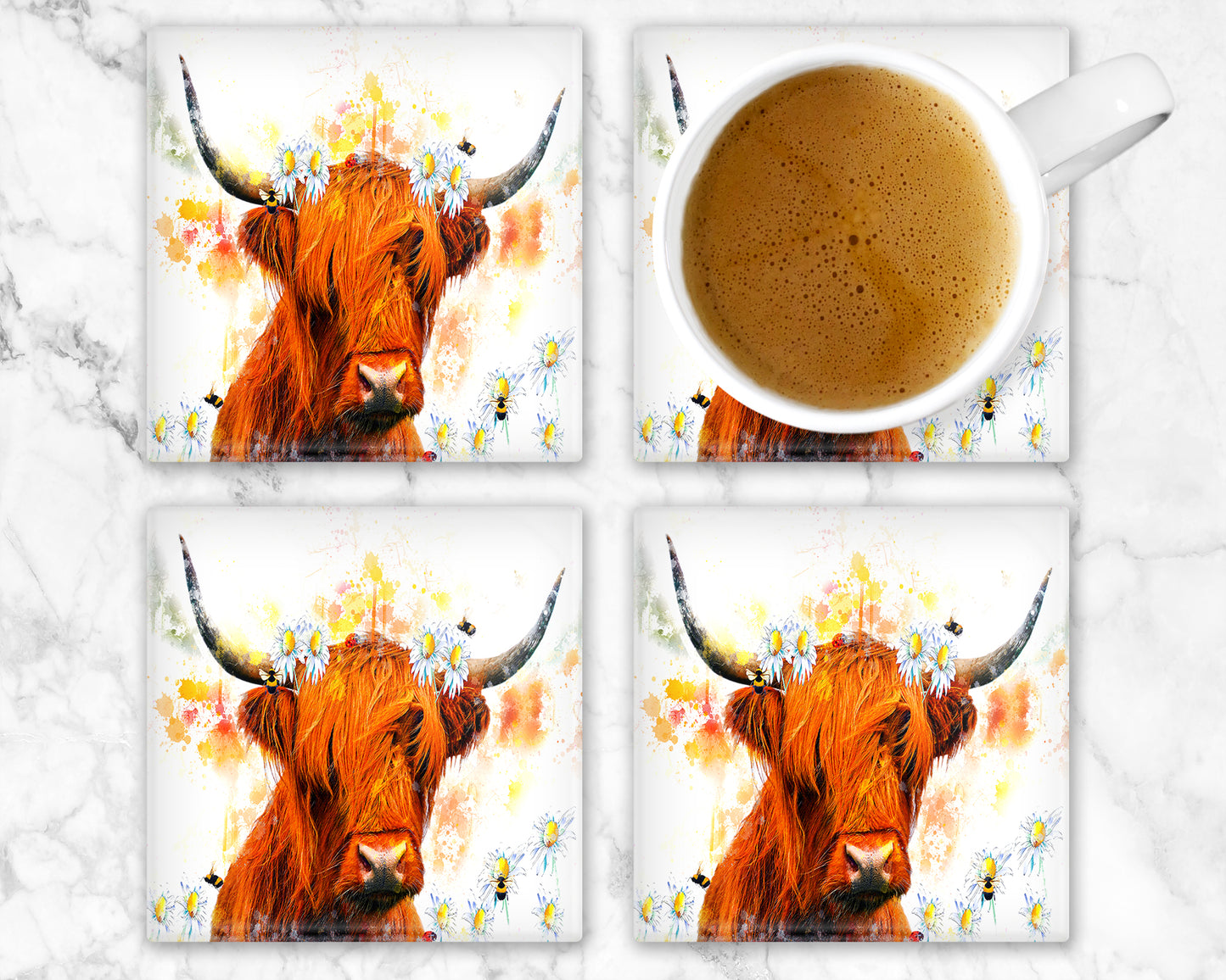 Highland Cow Daisies and Bees Glass  Coaster, Drinks Holder, Colourful Coo's, Scotland, Scottish Gift, Highland Cow Gift