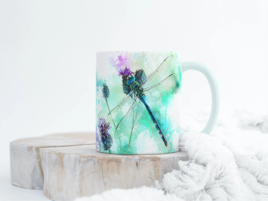 Dragonfly Thistle Tea Coffee Ceramic Mug, Dragonfly Mug, Thistle Mug, Scottish Gift, Outlander Inspired, Scottish Mug