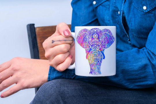 Brightly Coloured Mandala Elephant Tea Coffee Ceramic Mug, Mandala Mug, Elephant Mug, Elephant Lovers, Elephant Gift, Christmas Gift