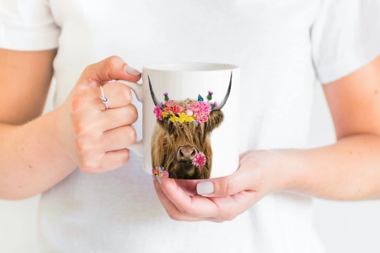 Highland Cow Flowers In Her Hair Tea Coffee Ceramic Mug, Highland Cow Mug, Scottish Mug, Highland Cows, Scottish Gift