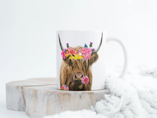 Highland Cow Flowers In Her Hair Tea Coffee Ceramic Mug, Highland Cow Mug, Scottish Mug, Highland Cows, Scottish Gift