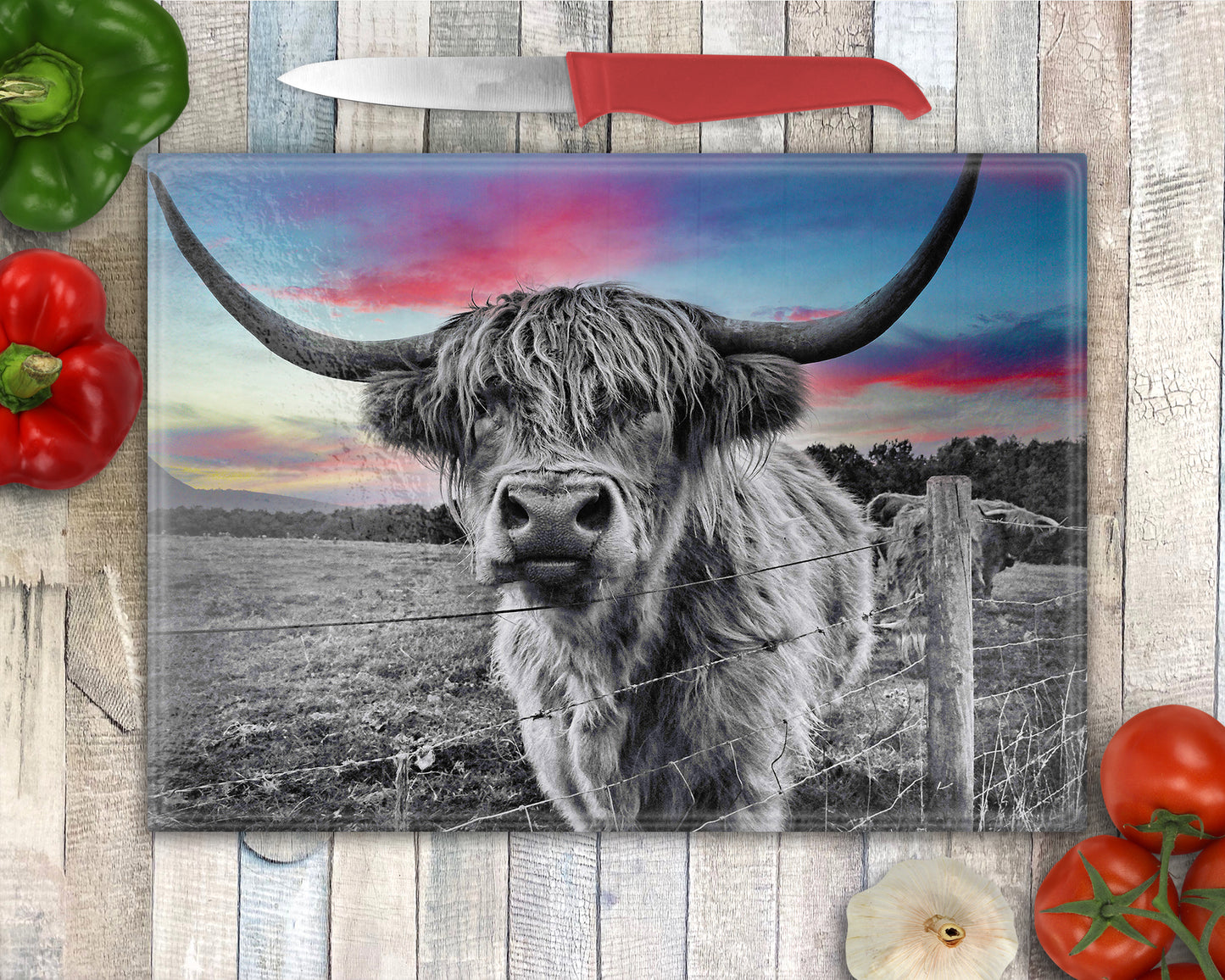 Highland Cow Dramatic Red Sky  Glass Chopping Board, Worktop Saver
