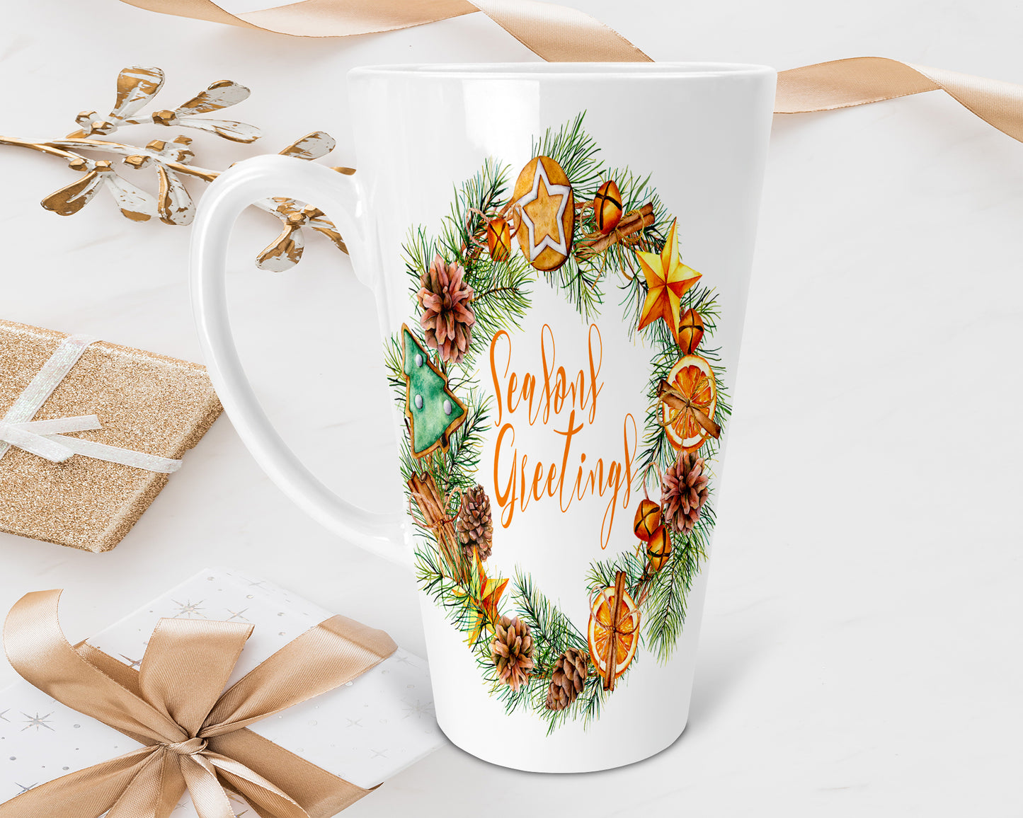 Seasons Greetings 17oz Skinny Latte Mug, Christmas Mug, Christmas Gift