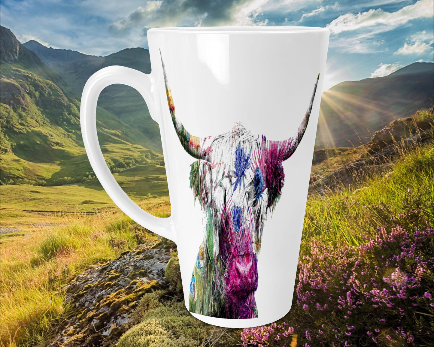 Highland Cow and  Thistle  Watercolour Ceramic 17oz Skinny  Latte Mug, Thistle Latte Mug, Thistle Mug, Thistle Gift, Skinny Latte Mug, Scottish Gift