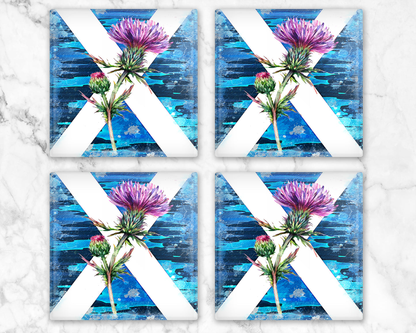 Saltire Abstract Thistle Glass Coaster Set, Scottish Thistle Coaster, Scottish Coaster, Highland Coaster, Scottish Gift, Set of 4 Coasters