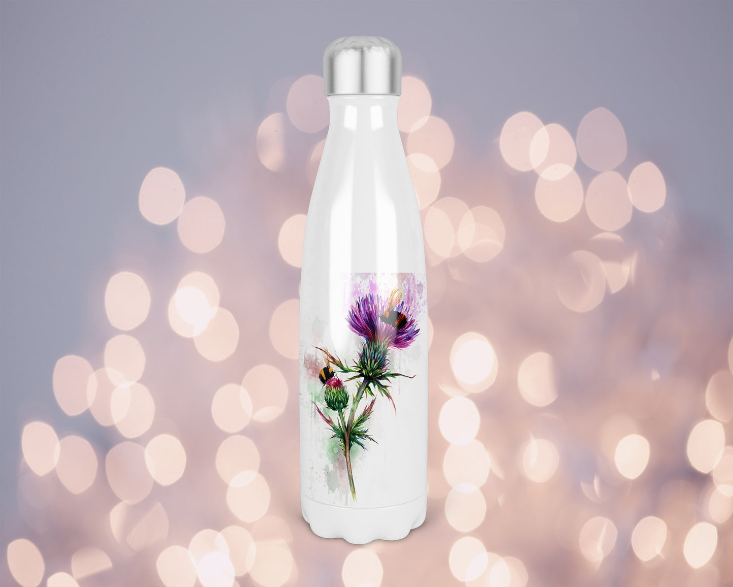 Watercolour Thistles and Bees 500ml Bowling Pin Shape Drinks Bottle, Made In Scotland, Thistle Gift, Buzzy Bees, Scottish Gift, Bee Lovers