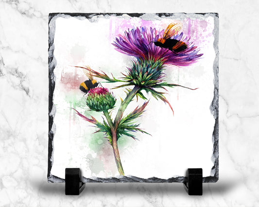 Thistle and Bees Decorative Slate Tile,Photo Slate, Pan Stand, Worktop Saver, Trivet, Slate Photo, Scottish Gift, Bee Lovers, Buzzy Bees