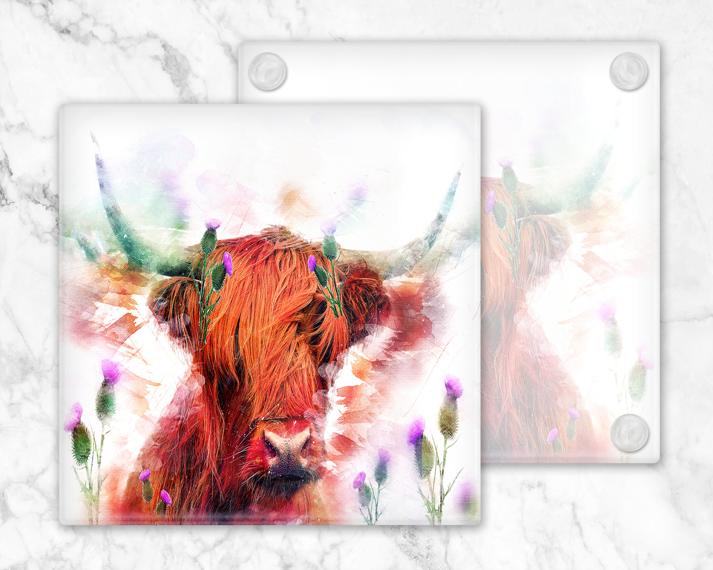 Highland Cow Thistles Glass Coasters