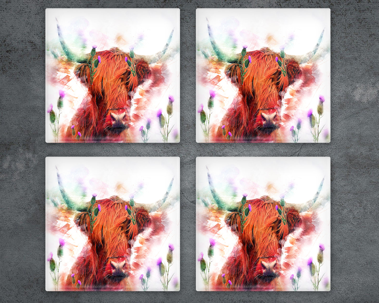 Highland Cow and Thistles Glass  Coaster, Drinks Holder, Colourful Coo's, Scotland, Scottish Gift, Highland Cow Gift