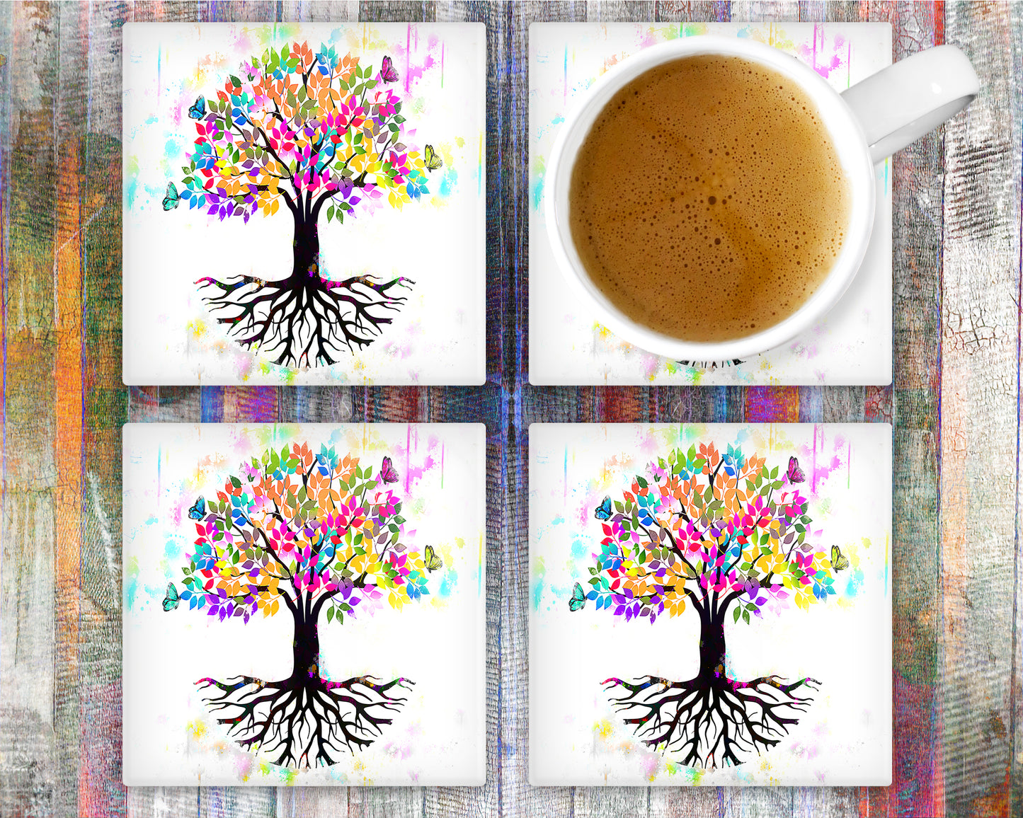 Tree of Life Butterflies Glass Coasters