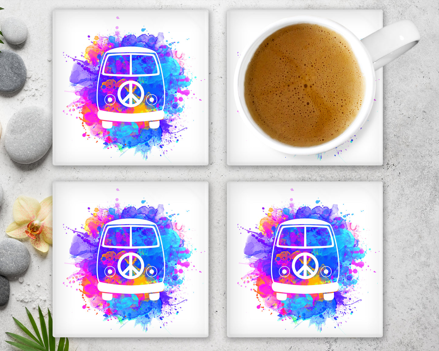 Colourful Campervan Glass  Coaster, Drinks Holder, Campervan  Coaster, VW Campervan, Hippy Vibes, Campervan Gift