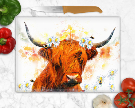 Highland Cow Daisies and Bees  Glass Chopping Board, Worktop Saver, Pan Stand, Highland Cow Chopping Board, Scottish Gift, Highland Cows