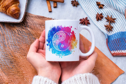 Brightly Coloured Yin Yang Mandala Tea Coffee Ceramic Mug, Mandala Mug, Yin Yang Mug, Hippy Vibes, Yoga Gift, Christmas Gift