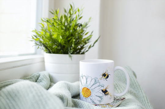 Brightly Coloured Bee and Daisy Tea Coffee Ceramic Mug, Bee Mug, Daisy Mug, Scottish Mug, Bee Lovers Gift, Buzzy Bees