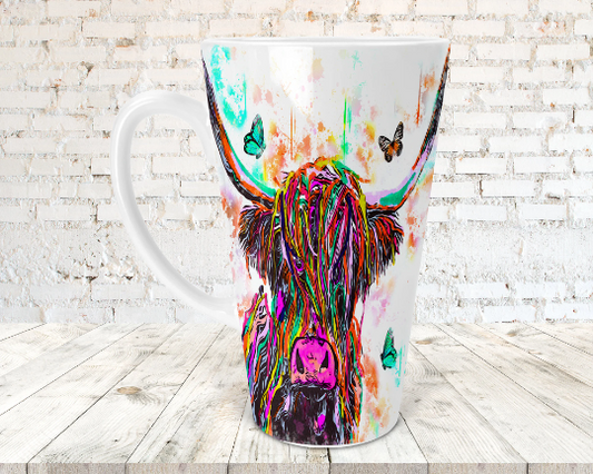 Highland Cow and Butterflies 17oz Skinny Latte Coffee Mug, Highland Cow Latte Mug, Scottish Latte Mug, Highland Cows, Scottish Gift, Highland Cow Latte Mug