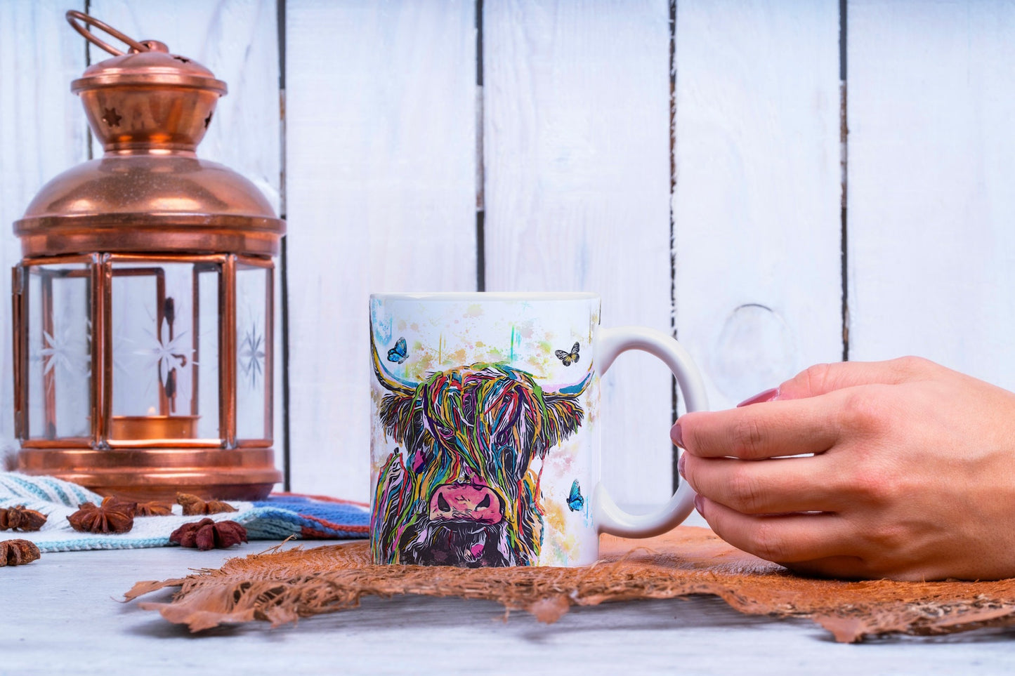Bright Colours  Highland Cow  & Butterflies Ceramic Mug