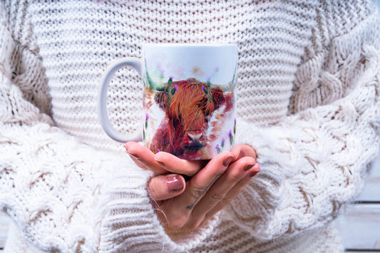 Water Colours Highland Cow  & Thistle Ceramic Mug
