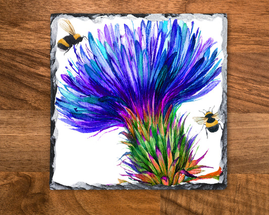 Big Thistle and Bees Decorative Slate Tile,Photo Slate, Pan Stand, Worktop Saver, Trivet, Slate Photo, Scottish Gift, Bee Lovers, Buzzy Bees