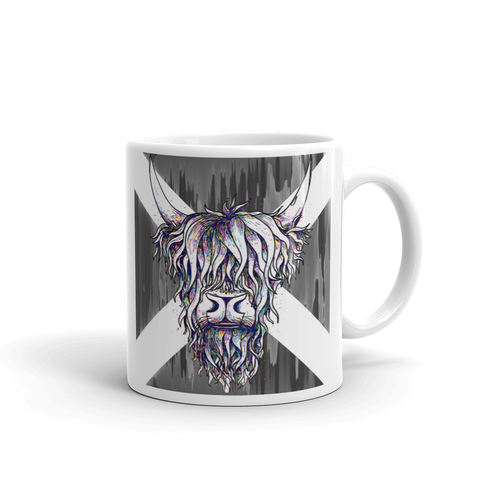 Monochrome Saltire Abstract Highland Cow Ceramic Mug